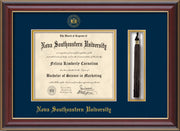 Image of Nova Southeastern University Diploma Frame - Cherry Lacquer - w/Embossed NSU Seal & Name - Tassel Holder - Navy on Gold mat