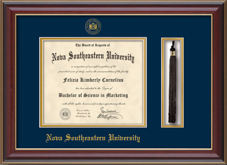 Image of Nova Southeastern University Diploma Frame - Cherry Lacquer - w/Embossed NSU Seal & Name - Tassel Holder - Navy on Gold mat