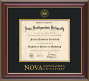 Image of Nova Southeastern University Diploma Frame - Cherry Lacquer - w/Embossed NSU Seal & Wordmark - Black on Gold mat