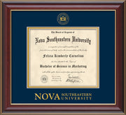 Image of Nova Southeastern University Diploma Frame - Cherry Lacquer - w/Embossed NSU Seal & Wordmark - Navy on Gold mat