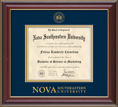 Image of Nova Southeastern University Diploma Frame - Cherry Lacquer - w/Embossed NSU Seal & Wordmark - Navy on Gold mat