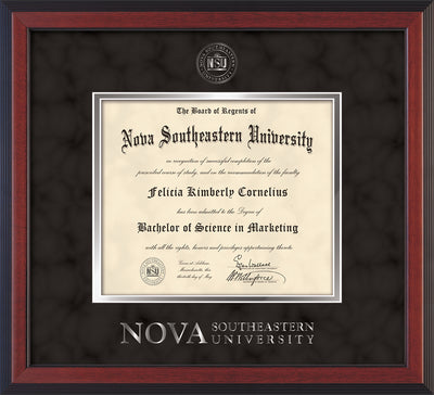 Image of Nova Southeastern University Diploma Frame - Cherry Reverse - w/Silver Embossed NSU Seal & Wordmark - Black Suede on Silver mat