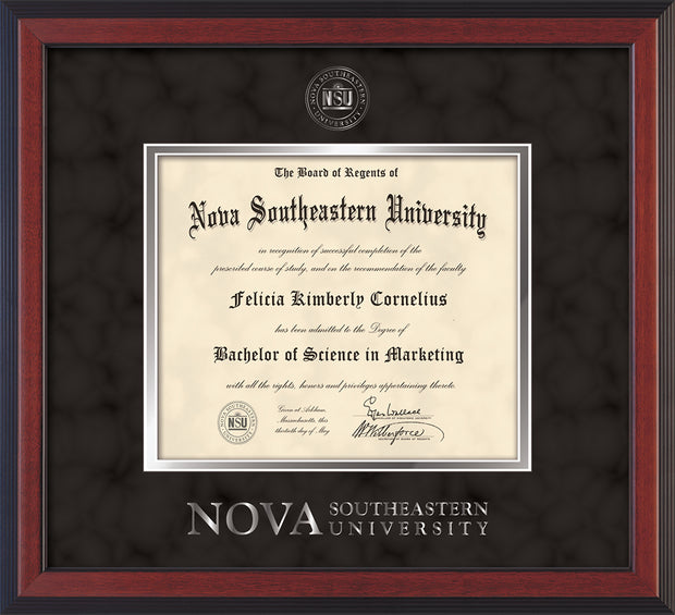 Image of Nova Southeastern University Diploma Frame - Cherry Reverse - w/Silver Embossed NSU Seal & Wordmark - Black Suede on Silver mat