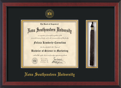 Image of Nova Southeastern University Diploma Frame - Cherry Reverse - w/Embossed NSU Seal & Name - Tassel Holder - Black on Gold mat