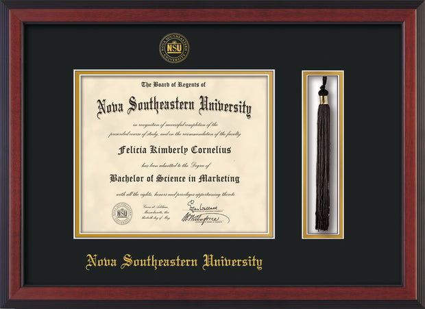 Image of Nova Southeastern University Diploma Frame - Cherry Reverse - w/Embossed NSU Seal & Name - Tassel Holder - Black on Gold mat