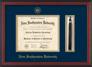 Image of Nova Southeastern University Diploma Frame - Cherry Reverse - w/Embossed NSU Seal & Name - Tassel Holder - Navy on Gold mat