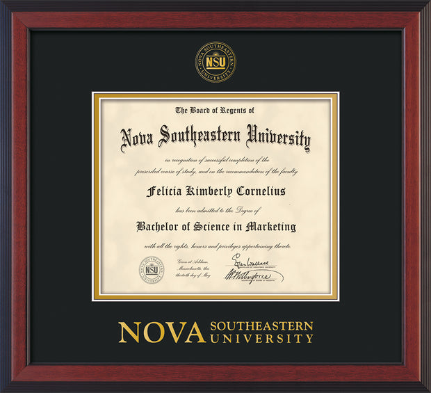 Image of Nova Southeastern University Diploma Frame - Cherry Reverse - w/Embossed NSU Seal & Wordmark - Black on Gold mat