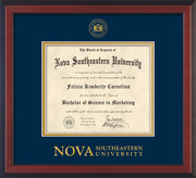 Image of Nova Southeastern University Diploma Frame - Cherry Reverse - w/Embossed NSU Seal & Wordmark - Navy on Gold mat