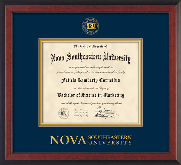 Image of Nova Southeastern University Diploma Frame - Cherry Reverse - w/Embossed NSU Seal & Wordmark - Navy on Gold mat