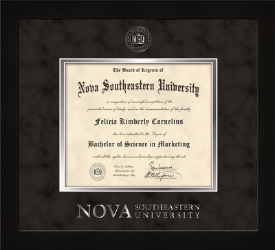 Image of Nova Southeastern University Diploma Frame - Flat Matte Black - w/Silver Embossed NSU Seal & Wordmark - Black Suede on Silver mat