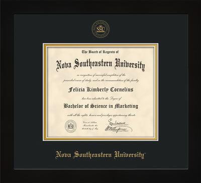 Nova Southeastern University Diploma Frame - Flat Matte Black - w/Embossed NSU Seal & Name - Black on Gold mat
