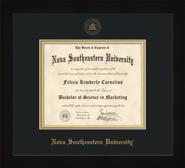 Nova Southeastern University Diploma Frame - Flat Matte Black - w/Embossed NSU Seal & Name - Black on Gold mat