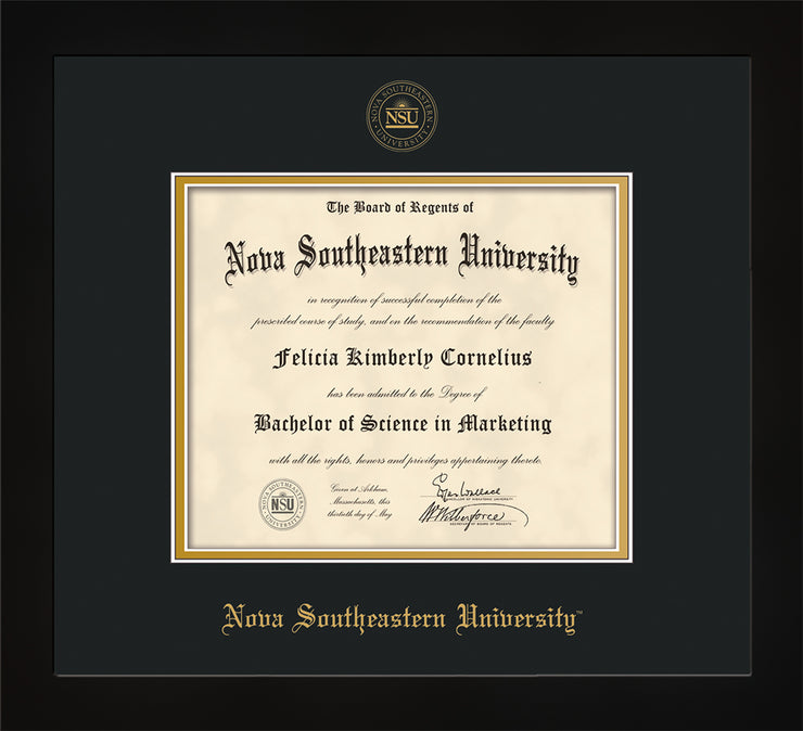 Nova Southeastern University Diploma Frame - Flat Matte Black - w/Embossed NSU Seal & Name - Black on Gold mat