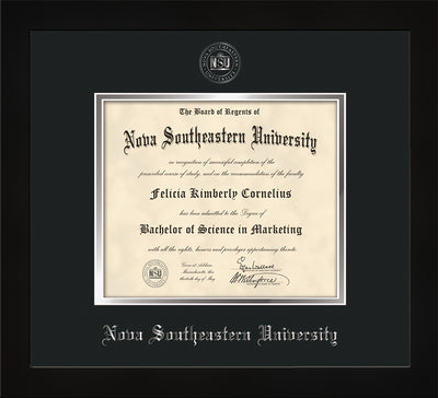Image of Back View of Nova Southeastern University Diploma Frame - Flat Matte Black - w/Silver Embossed NSU Seal & Name - Black on Silver mat