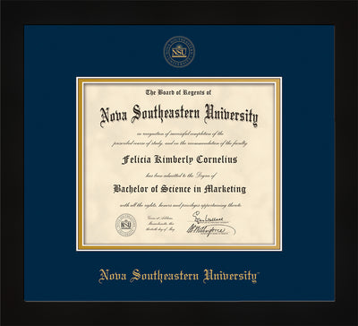 Nova Southeastern University Diploma Frame - Flat Matte Black - w/Embossed NSU Seal & Name - Navy on Gold mat