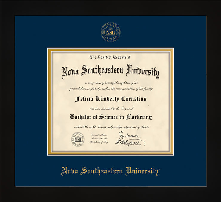 Nova Southeastern University Diploma Frame - Flat Matte Black - w/Embossed NSU Seal & Name - Navy on Gold mat