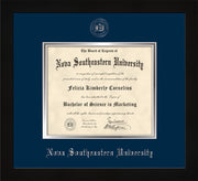 Image of Nova Southeastern University Diploma Frame - Flat Matte Black - w/Silver Embossed NSU Seal & Name - Navy on Silver mat