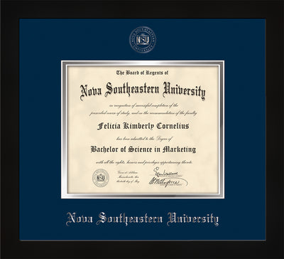 Image of Nova Southeastern University Diploma Frame - Flat Matte Black - w/Silver Embossed NSU Seal & Name - Navy on Silver mat