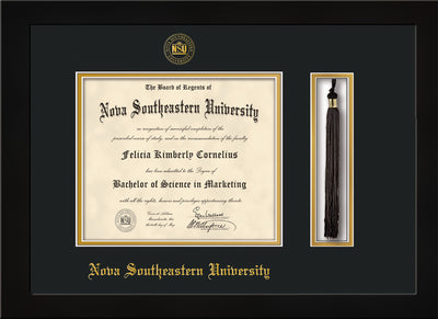 Image of Nova Southeastern University Diploma Frame - Flat Matte Black - w/Embossed NSU Seal & Name - Tassel Holder - Black on Gold mat