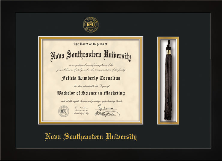 Image of Nova Southeastern University Diploma Frame - Flat Matte Black - w/Embossed NSU Seal & Name - Tassel Holder - Black on Gold mat
