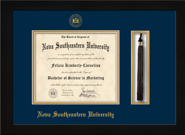 Image of Nova Southeastern University Diploma Frame - Flat Matte Black - w/Embossed NSU Seal & Name - Tassel Holder - Navy on Gold mat