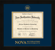 Image of Nova Southeastern University Diploma Frame - Flat Matte Black - w/Embossed NSU Seal & Wordmark - Navy on Gold mat