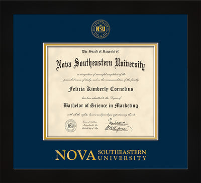 Image of Nova Southeastern University Diploma Frame - Flat Matte Black - w/Embossed NSU Seal & Wordmark - Navy on Gold mat