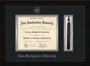 Image of Nova Southeastern University Diploma Frame - Flat Matte Black - w/Silver Embossed NSU Seal & Name - Tassel Holder - Black on Silver mat