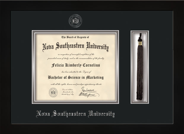 Image of Nova Southeastern University Diploma Frame - Flat Matte Black - w/Silver Embossed NSU Seal & Name - Tassel Holder - Black on Silver mat