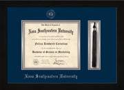 Image of Nova Southeastern University Diploma Frame - Flat Matte Black - w/Silver Embossed NSU Seal & Name - Tassel Holder - Navy on Silver mat