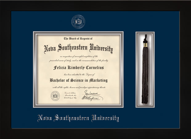 Image of Nova Southeastern University Diploma Frame - Flat Matte Black - w/Silver Embossed NSU Seal & Name - Tassel Holder - Navy on Silver mat