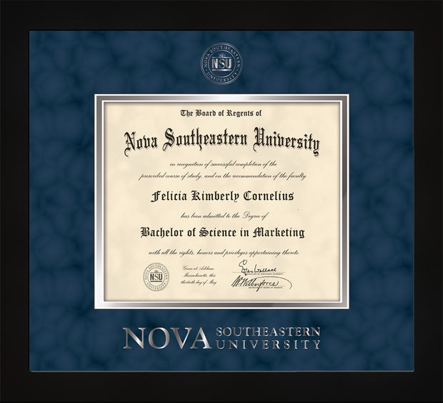 Image of Nova Southeastern University Diploma Frame - Flat Matte Black - w/Silver Embossed NSU Seal & Wordmark - Navy Suede on Silver mat