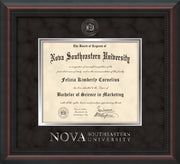 Image of Nova Southeastern University Diploma Frame - Mahogany Braid - w/Silver Embossed NSU Seal & Wordmark - Black Suede on Silver mat