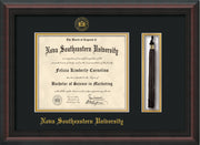 Image of Nova Southeastern University Diploma Frame - Mahogany Braid - w/Embossed NSU Seal & Name - Tassel Holder - Black on Gold mat