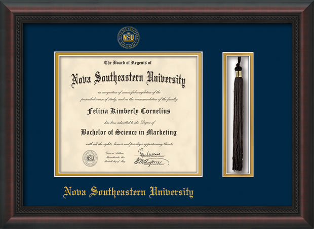 Image of Nova Southeastern University Diploma Frame - Mahogany Braid - w/Embossed NSU Seal & Name - Tassel Holder - Navy on Gold mat