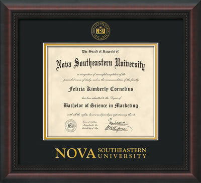 Image of Nova Southeastern University Diploma Frame - Mahogany Braid - w/Embossed NSU Seal & Wordmark - Black on Gold mat