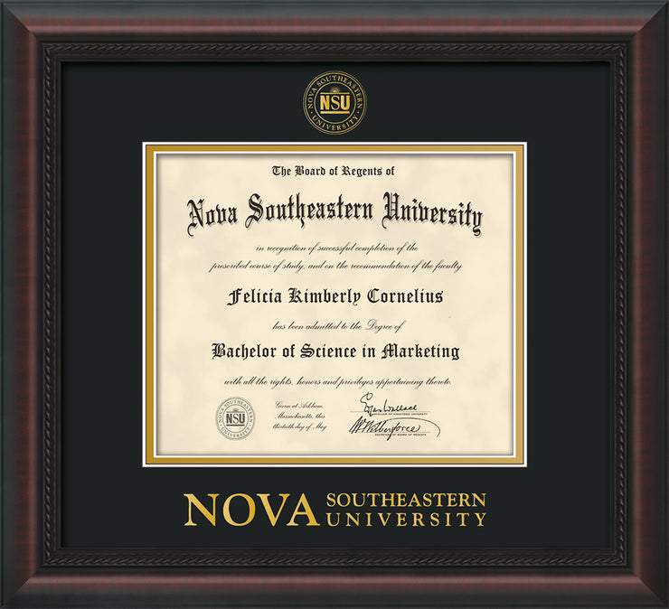 Image of Nova Southeastern University Diploma Frame - Mahogany Braid - w/Embossed NSU Seal & Wordmark - Black on Gold mat