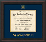 Image of Nova Southeastern University Diploma Frame - Mahogany Braid - w/Embossed NSU Seal & Wordmark - Navy on Gold mat