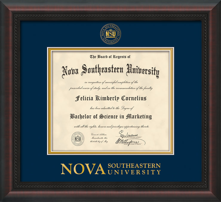 Image of Nova Southeastern University Diploma Frame - Mahogany Braid - w/Embossed NSU Seal & Wordmark - Navy on Gold mat