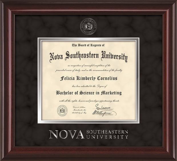 Image of Nova Southeastern University Diploma Frame - Mahogany Lacquer - w/Silver Embossed NSU Seal & Wordmark - Black Suede on Silver mat