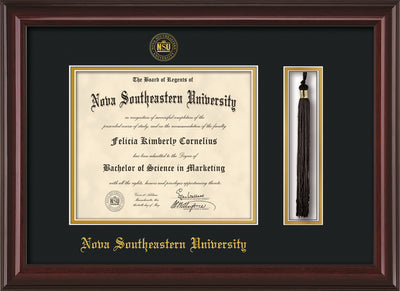 Image of Nova Southeastern University Diploma Frame - Mahogany Lacquer - w/Embossed NSU Seal & Name - Tassel Holder - Black on Gold mat