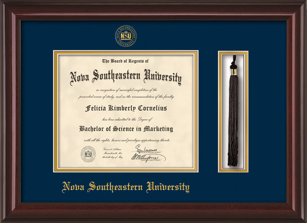Image of Nova Southeastern University Diploma Frame - Mahogany Lacquer - w/Embossed NSU Seal & Name - Tassel Holder - Navy on Gold mat