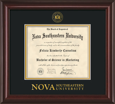 Image of Nova Southeastern University Diploma Frame - Mahogany Lacquer - w/Embossed NSU Seal & Wordmark - Black on Gold mat