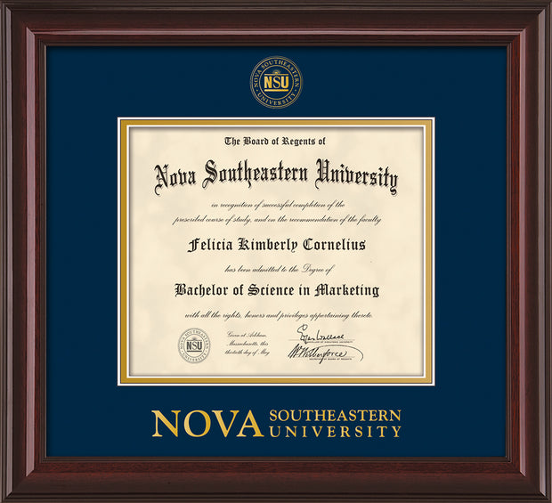 Image of Nova Southeastern University Diploma Frame - Mahogany Lacquer - w/Embossed NSU Seal & Wordmark - Navy on Gold mat