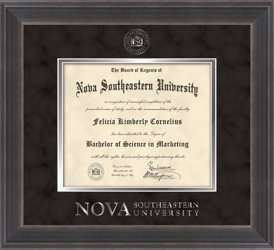 Image of Nova Southeastern University Diploma Frame - Metro Antique Pewter Double - w/Silver Embossed NSU Seal & Wordmark - Black Suede on Silver mat