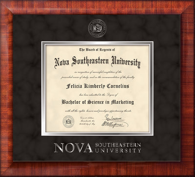 Image of Nova Southeastern University Diploma Frame - Mezzo Gloss - w/Silver Embossed NSU Seal & Wordmark - Black Suede on Silver mat