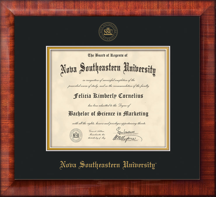 Nova Southeastern University Diploma Frame - Mezzo Gloss - w/Embossed NSU Seal & Name - Black on Gold mat