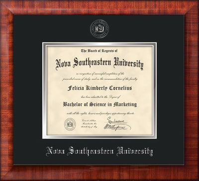 Image of Nova Southeastern University Diploma Frame - Mezzo Gloss - w/Silver Embossed NSU Seal & Name - Black on Silver mat