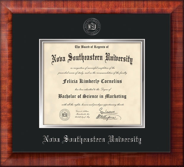 Image of Nova Southeastern University Diploma Frame - Mezzo Gloss - w/Silver Embossed NSU Seal & Name - Black on Silver mat