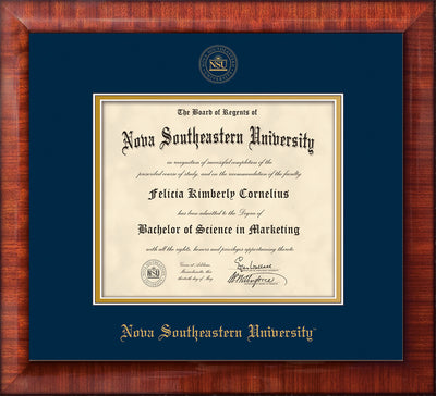 Nova Southeastern University Diploma Frame - Mezzo Gloss - w/Embossed NSU Seal & Name - Navy on Gold mat